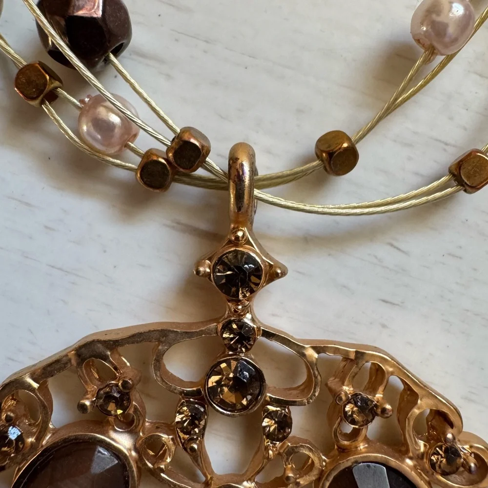Gold Filigree Medallion Multi-Strand Necklace Boho Chic Statement